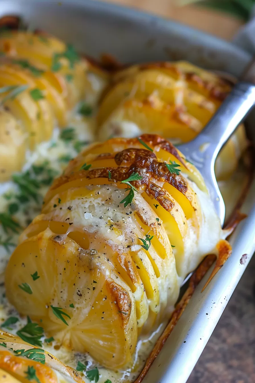 Close-up of tender scalloped potatoes with a golden-brown crust.