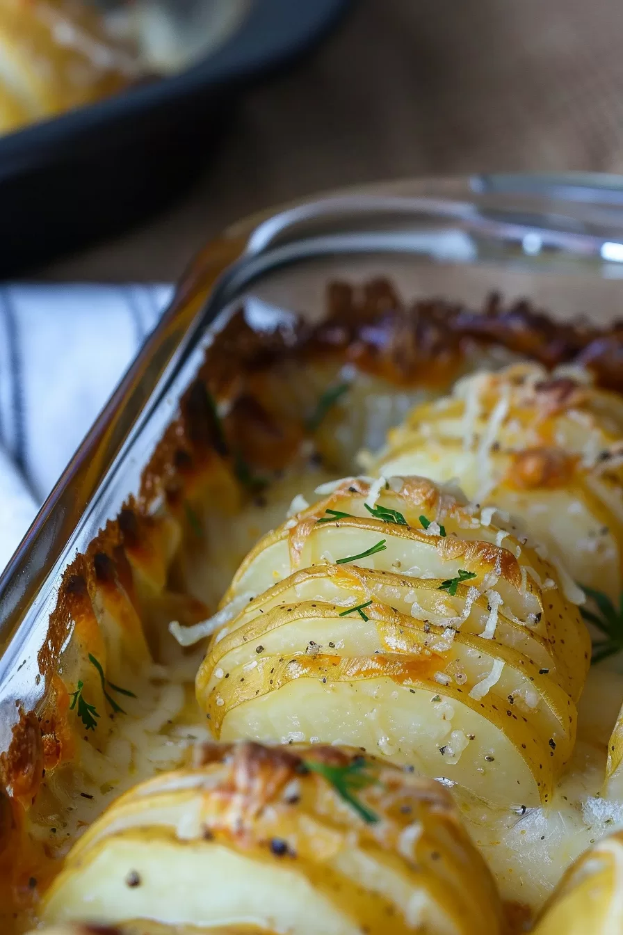 Baked potato slices layered and crisped at the edges in a casserole dish.