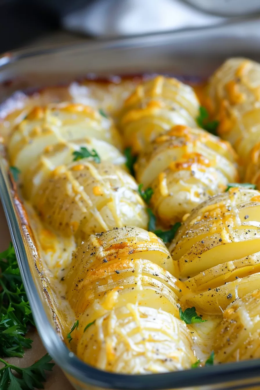 Top view of golden scalloped potatoes, garnished with fresh herbs.