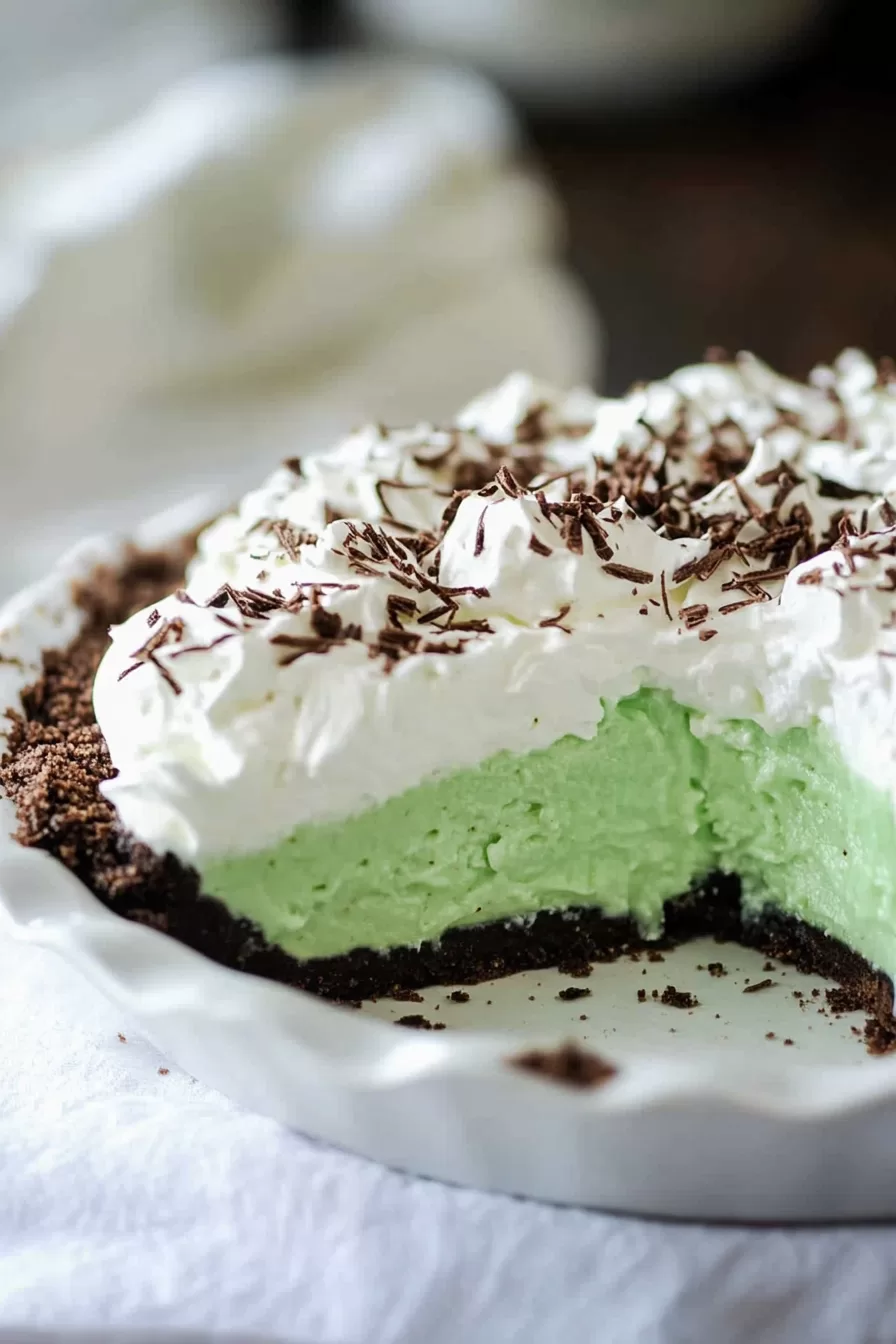 Close-up of a slice of rich pudding pie with layers of mint and chocolate.