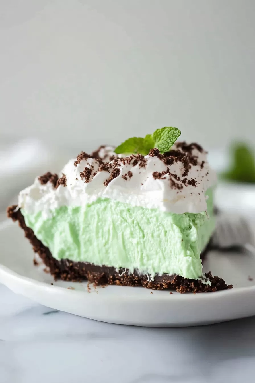 Delicious green mint pudding pie with a crunchy chocolate cookie base.