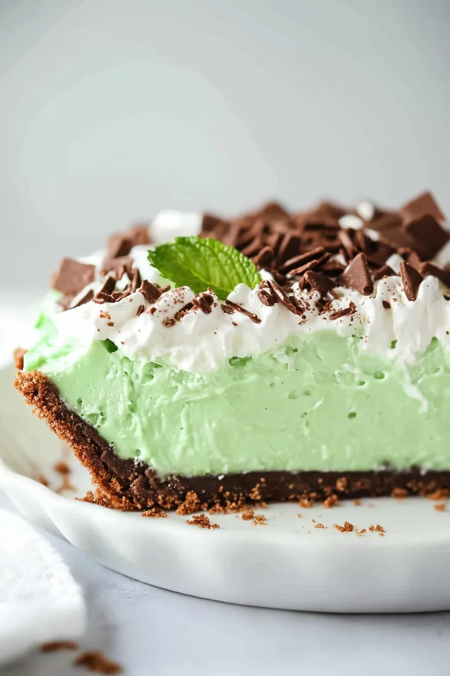 Whipped mint pudding filling in a pie crust, garnished with a sprinkle of chocolate.