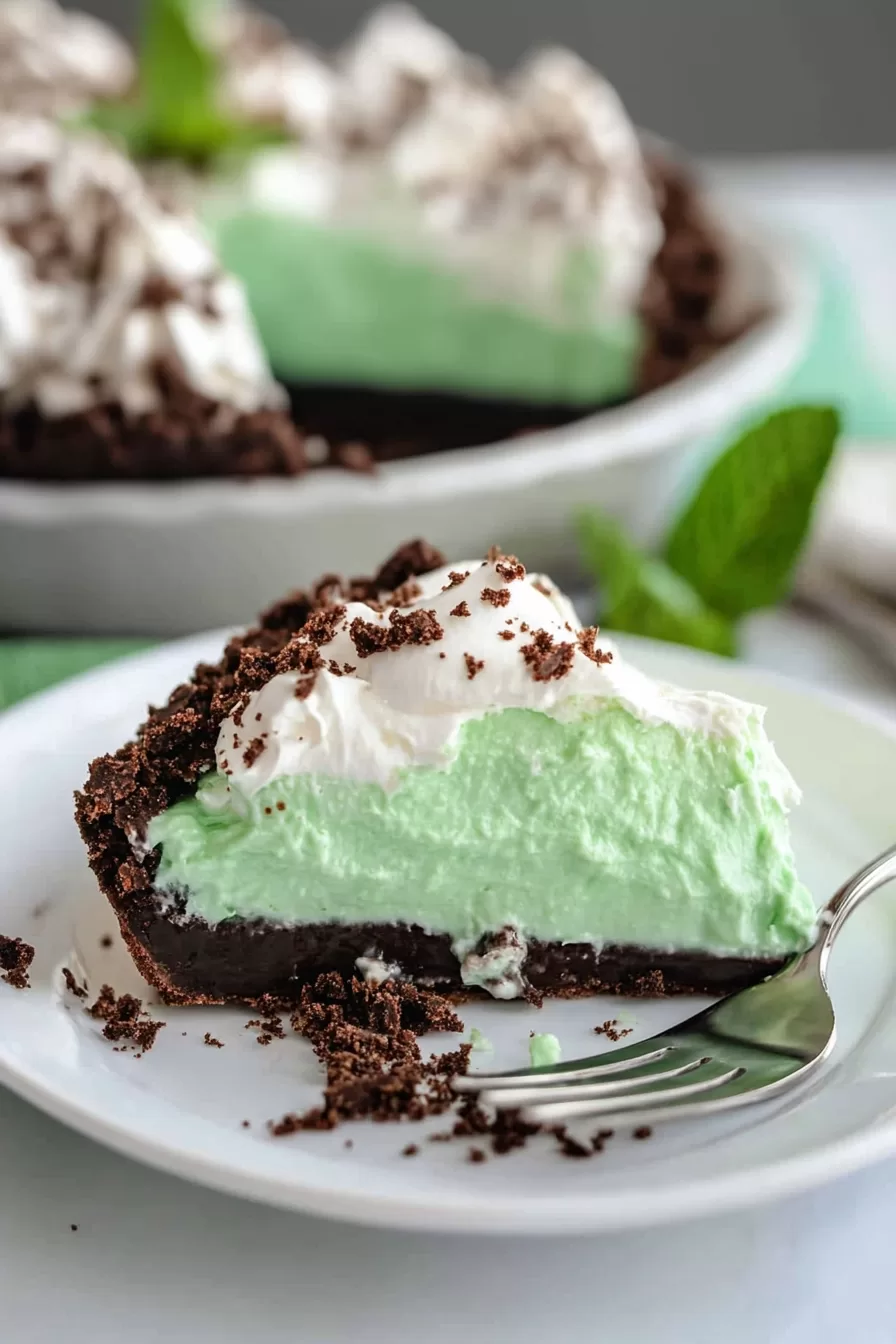 A chilled, refreshing mint pie served on a rustic plate, perfect for dessert.