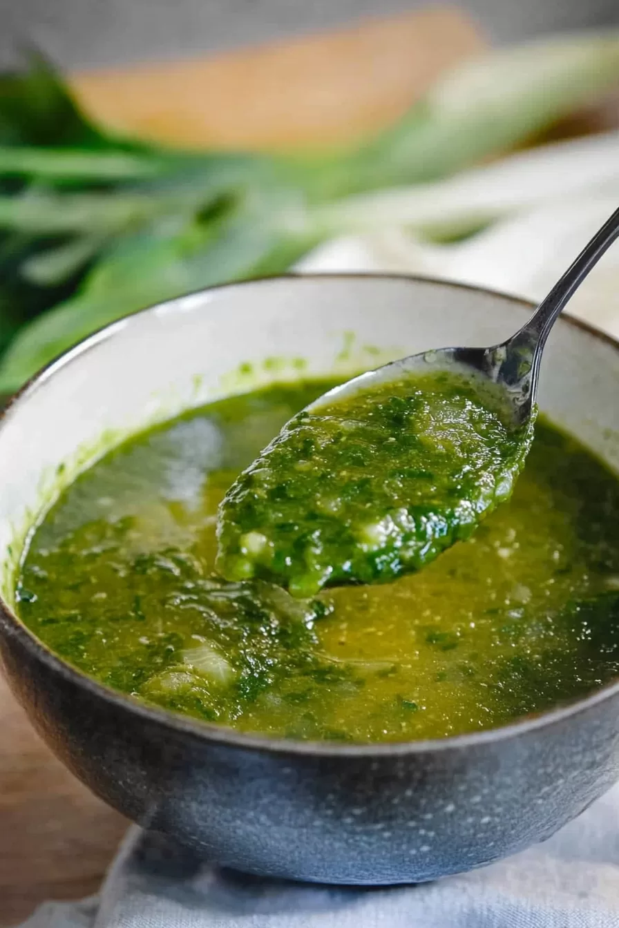 A vibrant bowl of nutrient-packed green soup garnished with a sprinkle of fresh herbs.