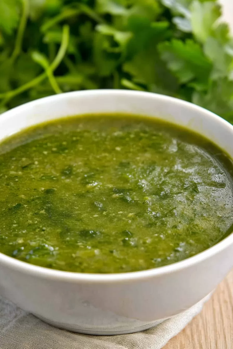 A steaming bowl of bright green soup, topped with a drizzle of olive oil and scattered seeds.