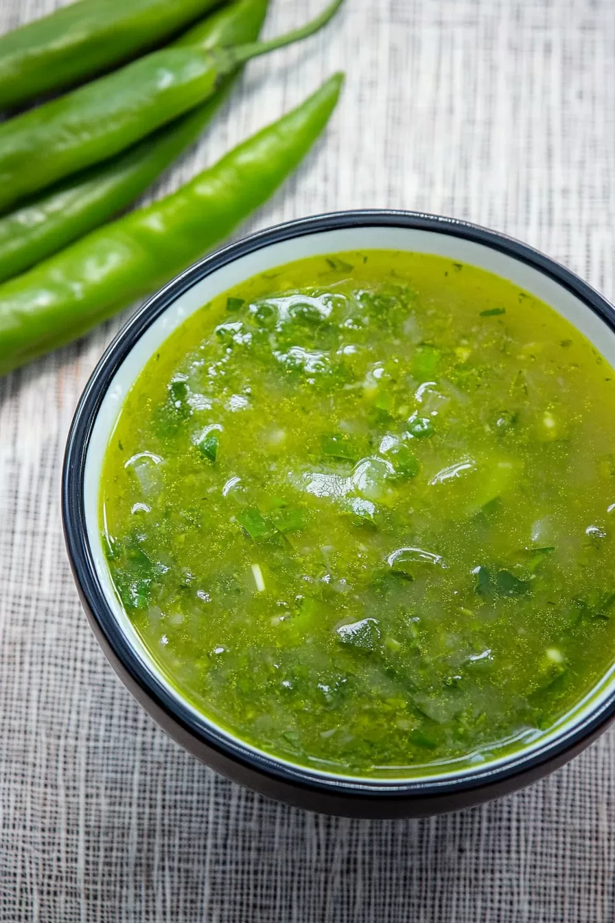 Overhead view of a healthy green soup surrounded by fresh ingredients like spinach and avocado.