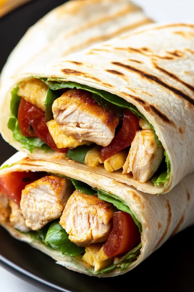 Close-up of a tortilla wrap neatly folded and served with dipping sauce.