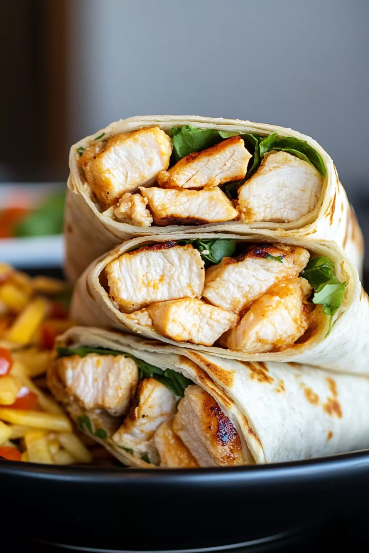 A satisfying wrap cut in half to reveal its vibrant, layered filling.