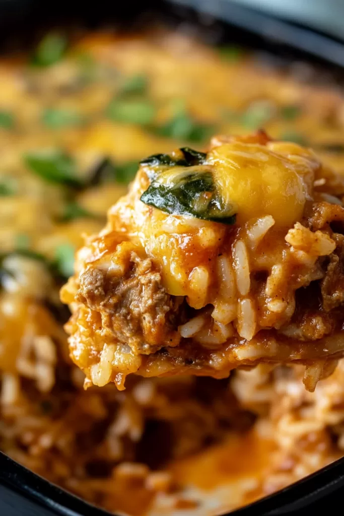 A casserole dish filled with baked layers of ground beef, cheese, and sauce, topped with fresh garnish.