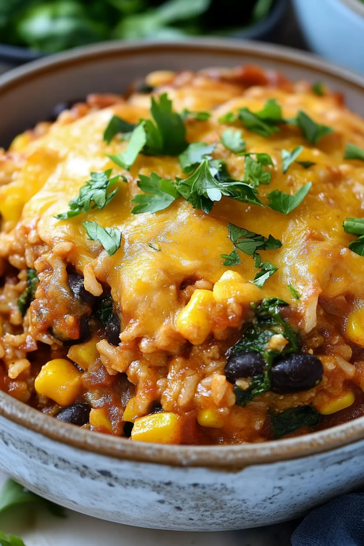 A close-up of a serving of a cheesy and layered casserole with golden-brown edges.