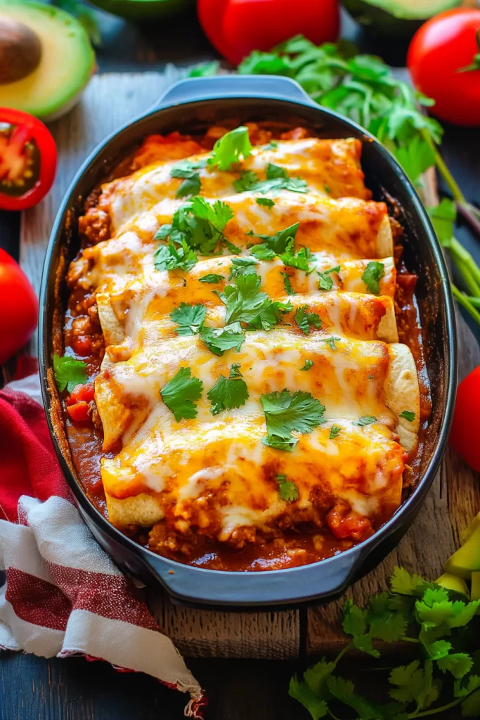 A plate of burritos covered in a rich, savory sauce and melted cheese.