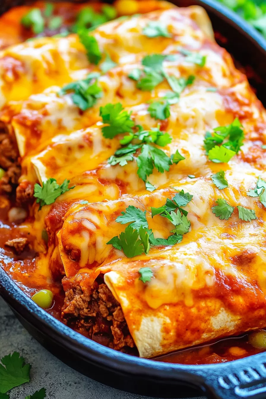 Close-up of a smothered burrito filled with seasoned ground beef and topped with melted cheese.