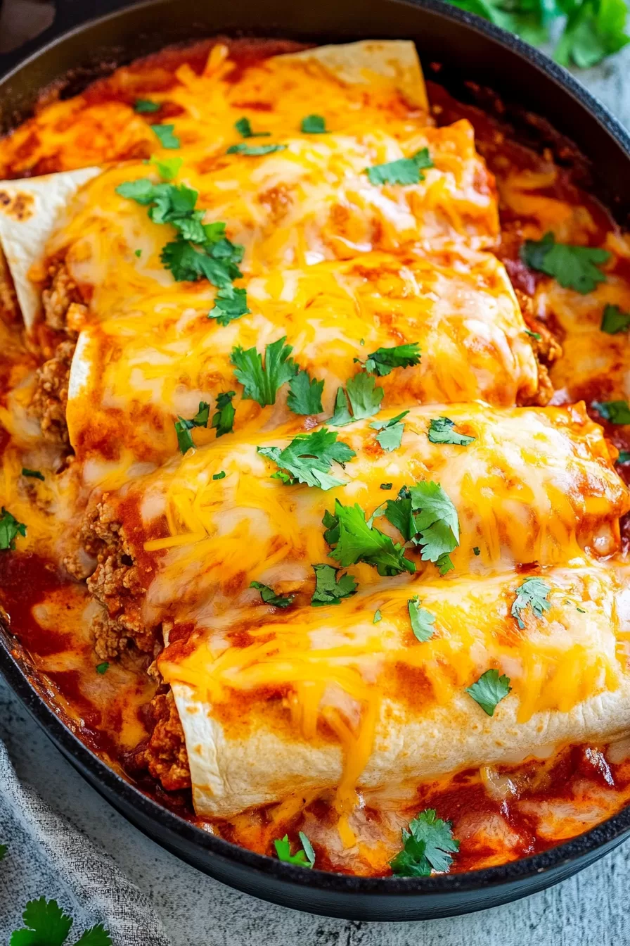 Warm, saucy burritos with a golden layer of cheese, perfect for a hearty meal.