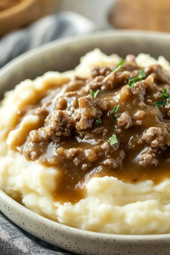 Creamy mashed potatoes topped with savory ground beef and rich gravy.