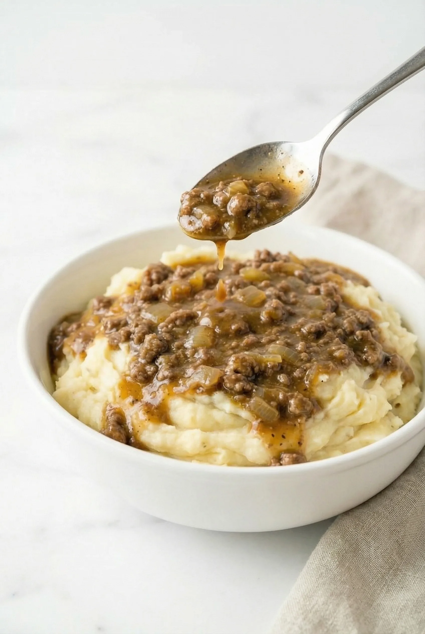 Spoon lifting and pouring homemade beef gravy over mashed potatoes in a white bowl for Ground Beef and Gravy Over Mashed Potatoes