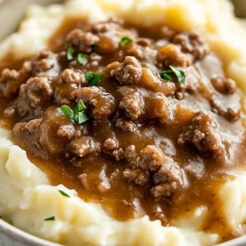 Close-up of mashed potatoes layered with seasoned beef and smooth gravy.