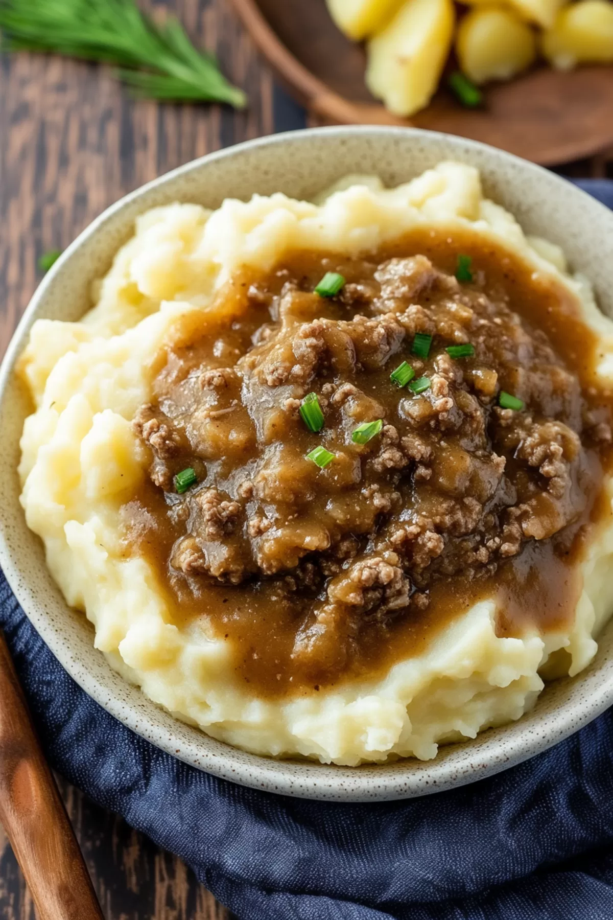 Bowl of mashed potatoes with ground beef and gravy, garnished with fresh herbs.