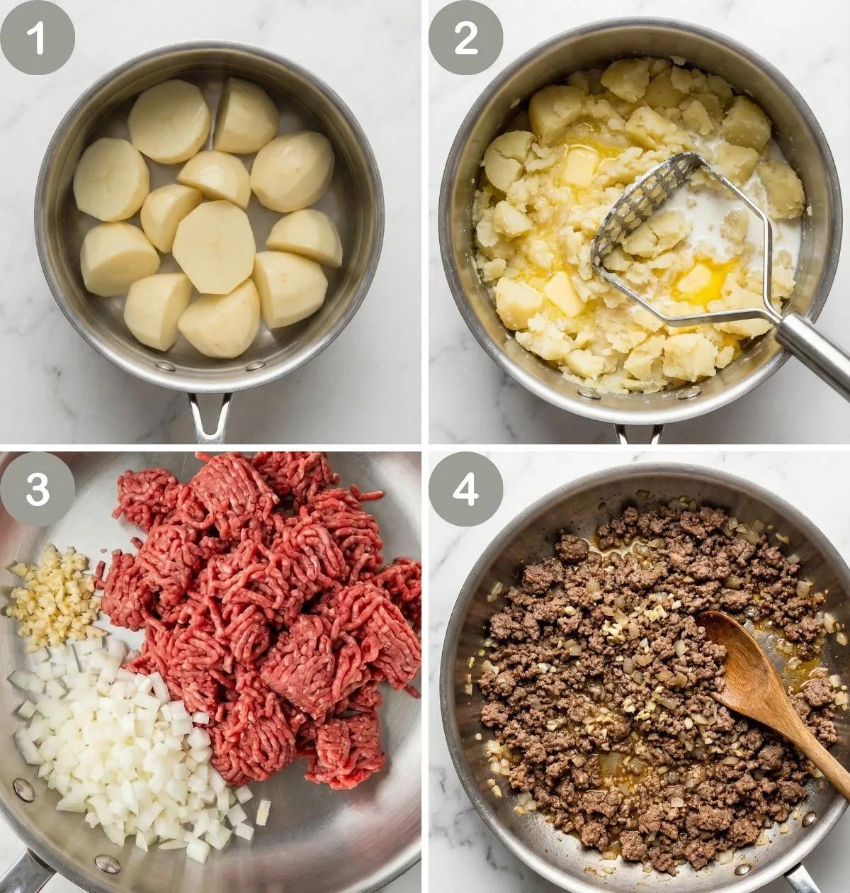 Step-by-step collage showing potatoes boiling and mashing, ground beef cooking with onions and garlic, and gravy forming in the skillet