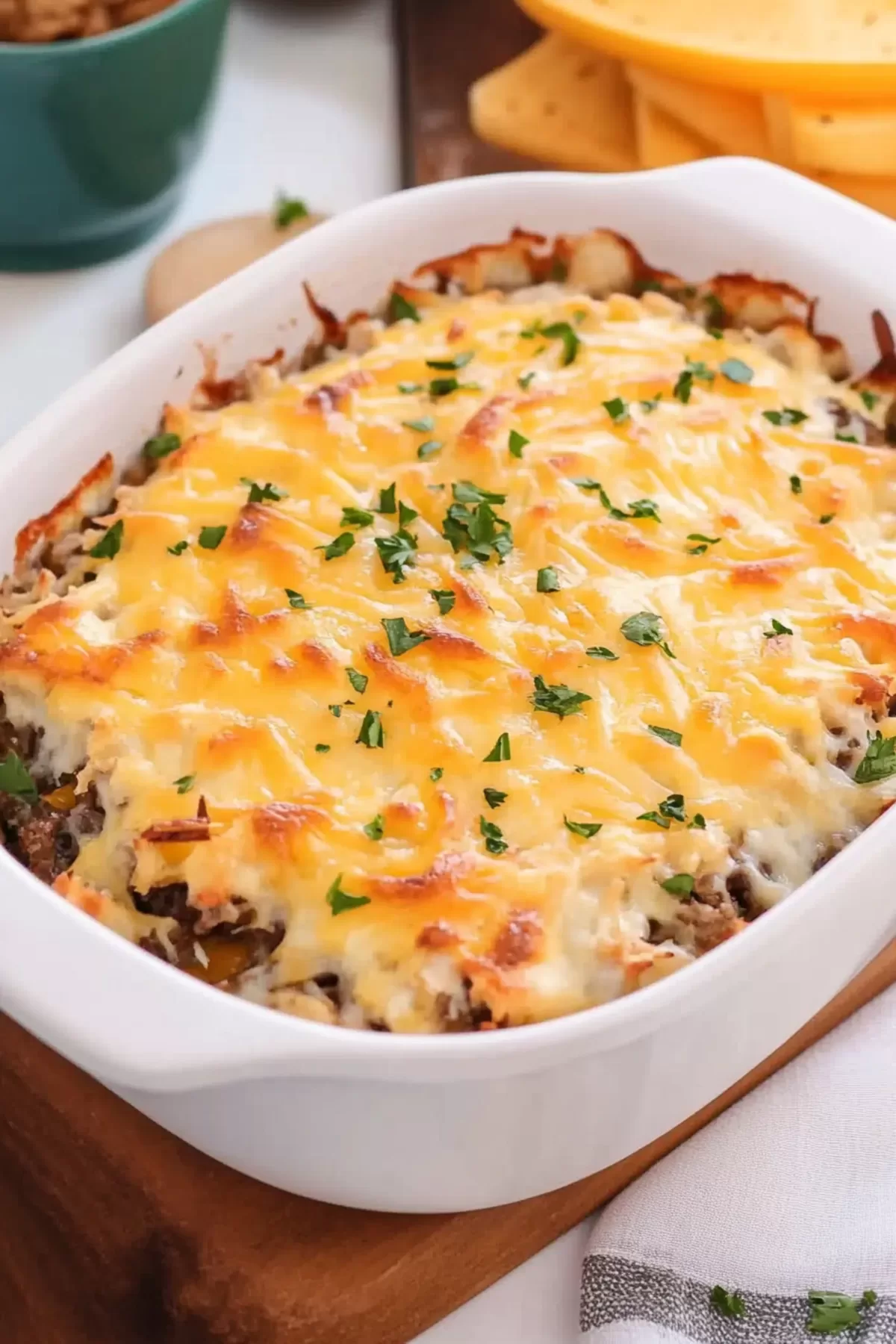 A casserole dish filled with a golden-brown, bubbling baked dish fresh out of the oven.