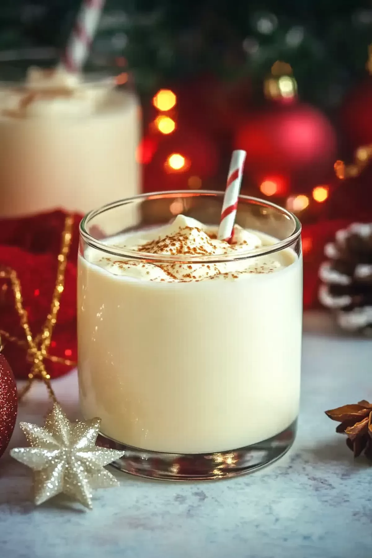 A close-up of rich eggnog in a glass with a decorative striped straw, perfect for holiday gatherings.