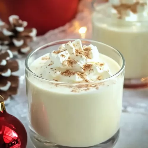 A festive glass of creamy eggnog topped with whipped cream and a sprinkle of nutmeg, surrounded by Christmas decorations.