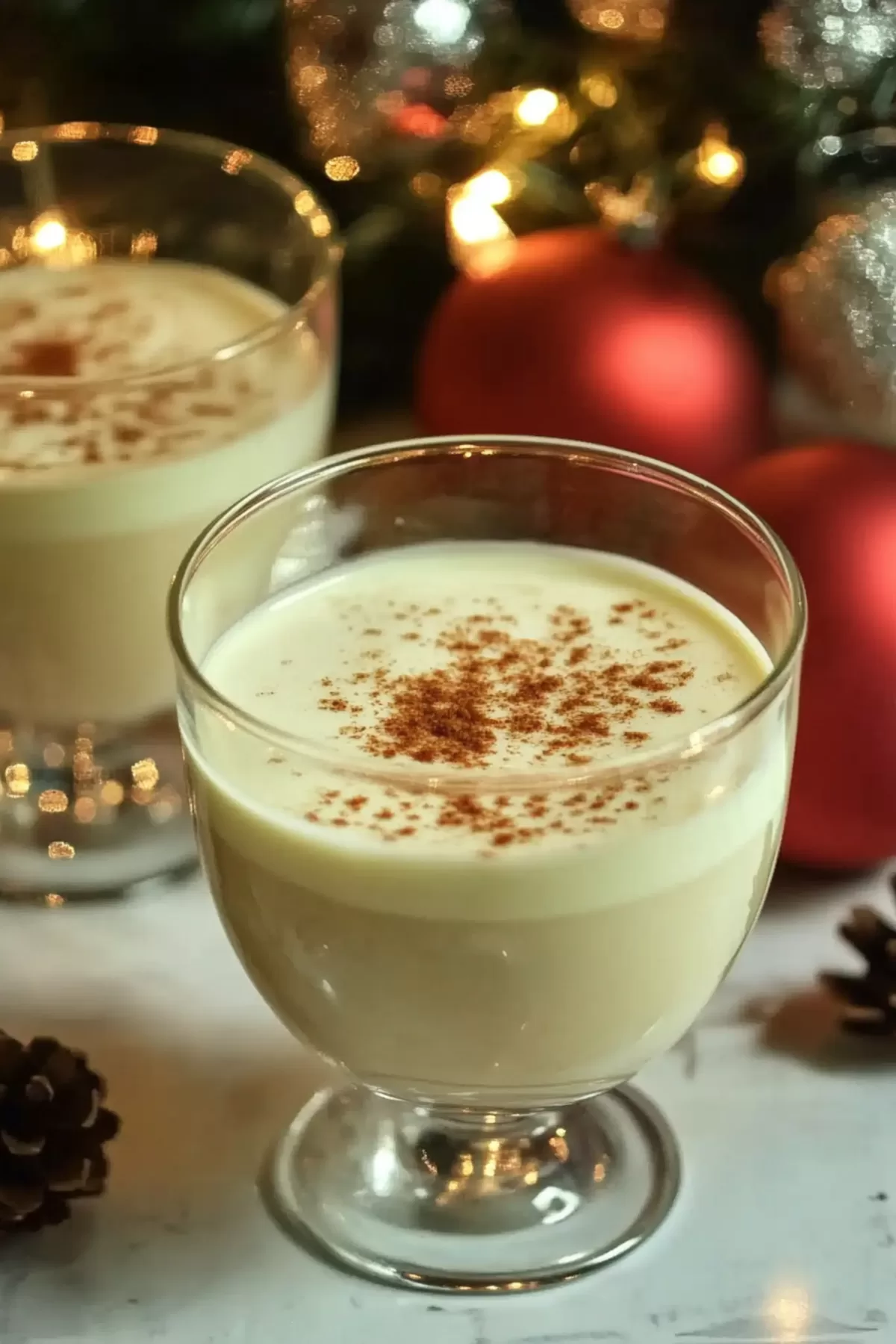 Two glasses of smooth, homemade eggnog garnished with cinnamon, sitting on a marble surface with holiday lights in the background.