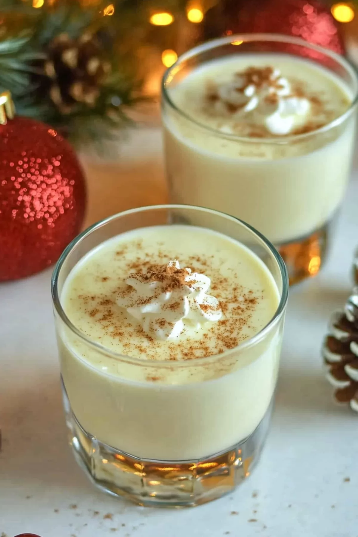 A festive setting showcasing creamy eggnog with cinnamon dusting, surrounded by pinecones and red ornaments.