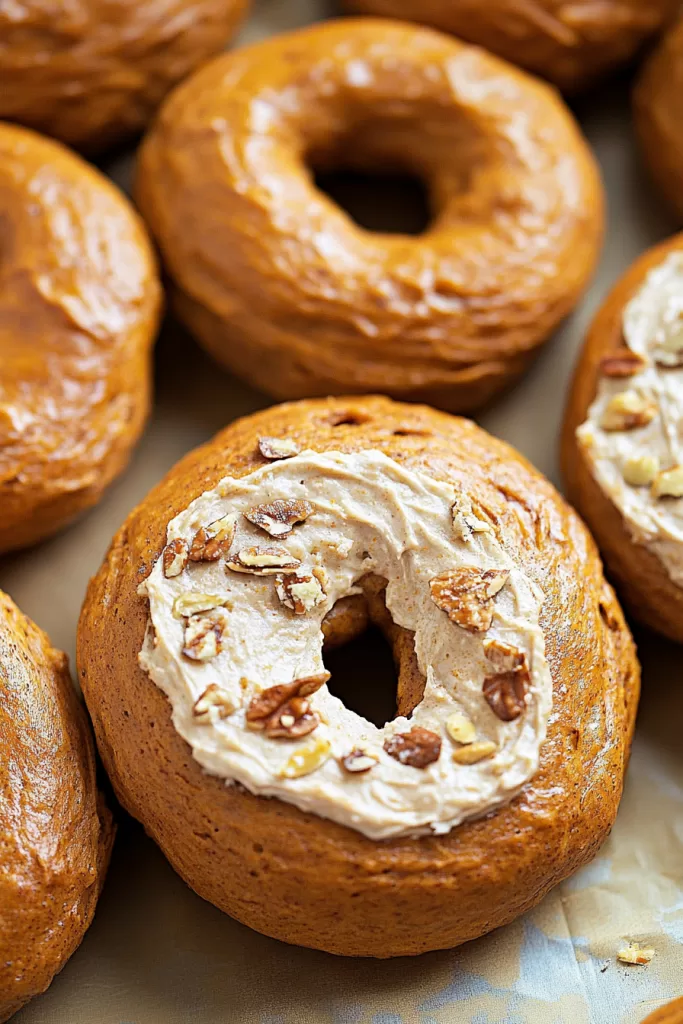 Close-up of a sliced bagel with a light spread of cream cheese.