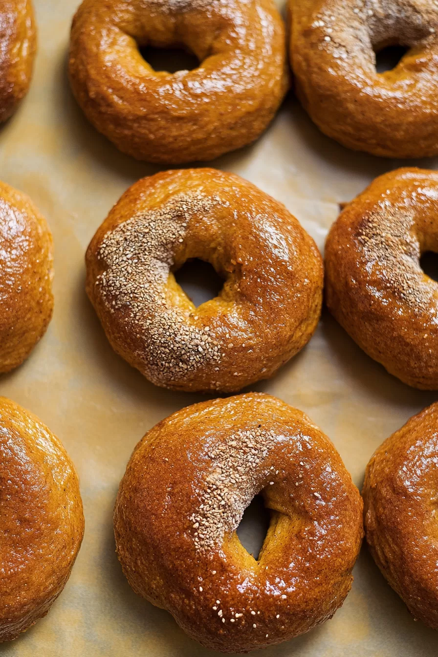 A stack of pumpkin spice bagels, highlighting their golden-brown crust