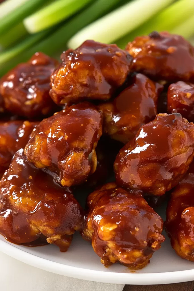 A plate of tender boneless chicken pieces coated in a sticky, tangy sauce.