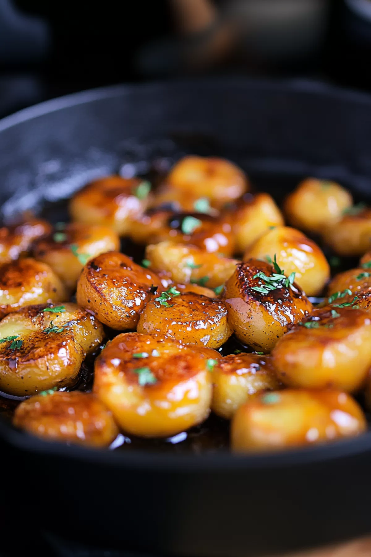 Close-up of tender potatoes with crispy edges, glistening with melted butter.