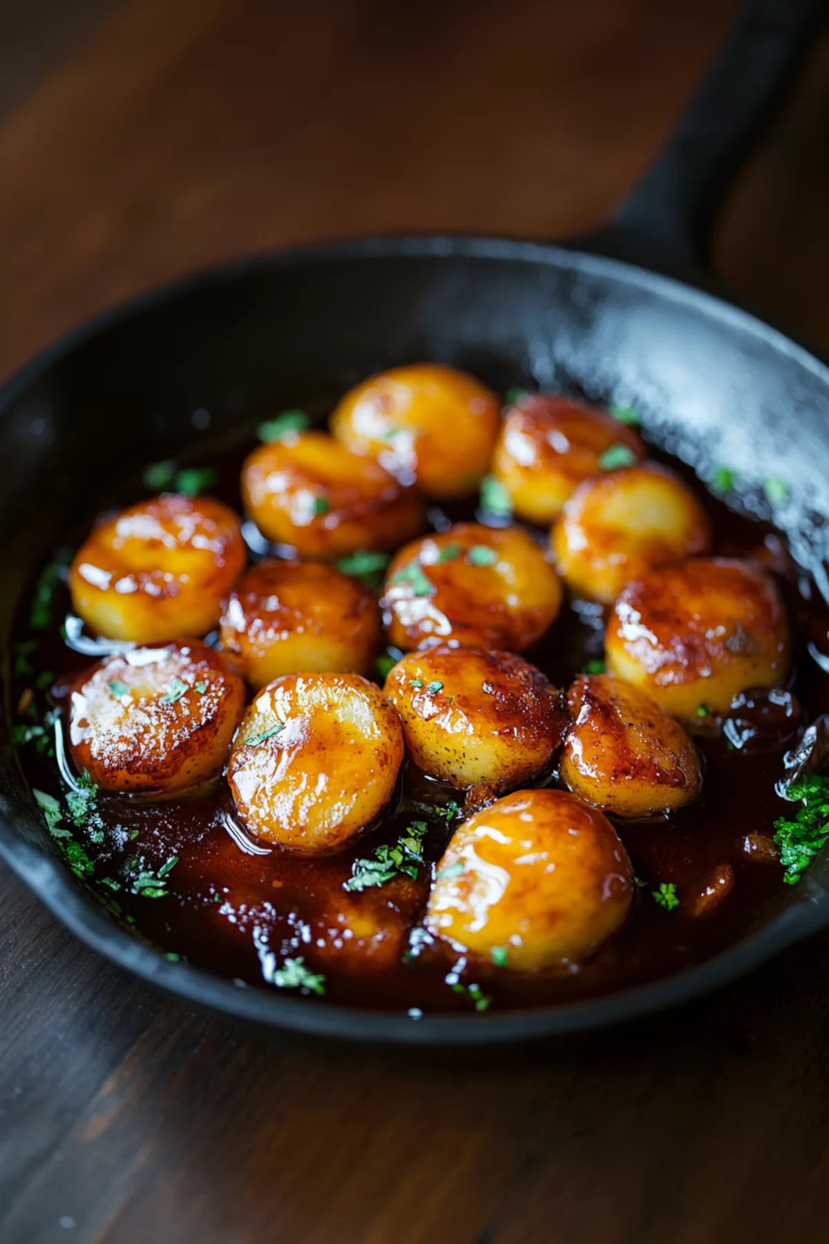 A plate of rustic potatoes topped with a sweet and savory buttery drizzle.