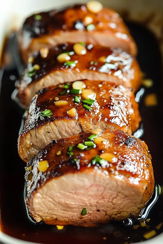 Sliced pork tenderloin with a glossy honey glaze.