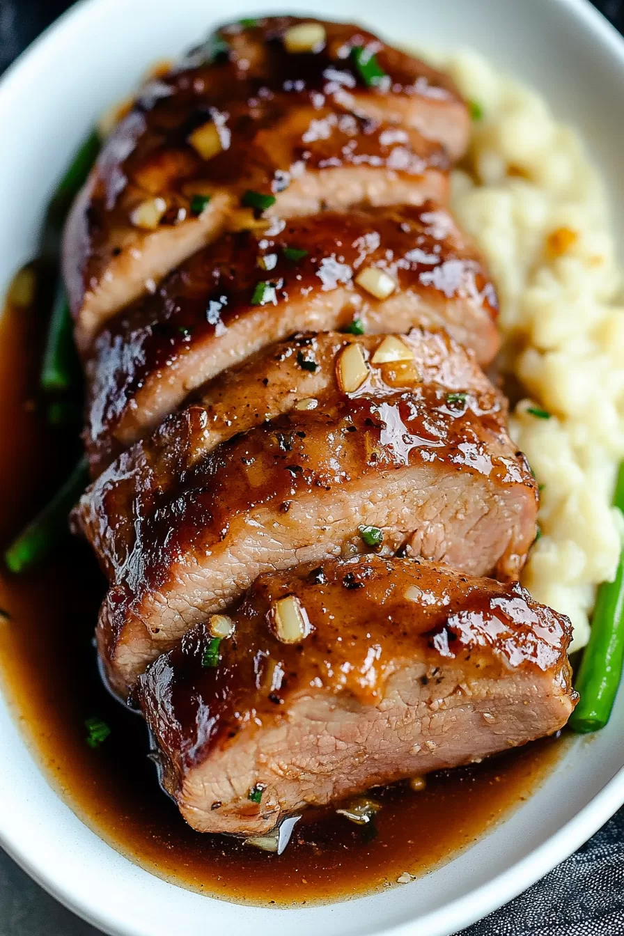 Close-up of tender pork with a caramelized coating.