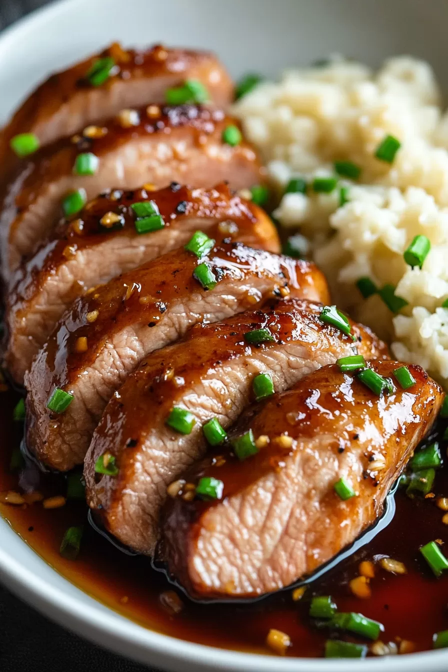 Pork medallions topped with a rich, savory sauce.