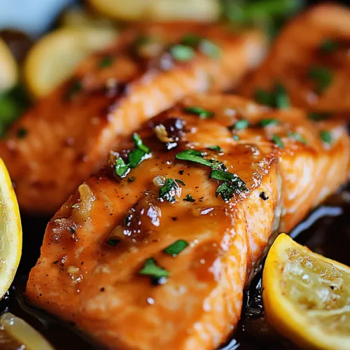 Close-up of a perfectly seared salmon fillet glazed with a sticky, golden sauce.