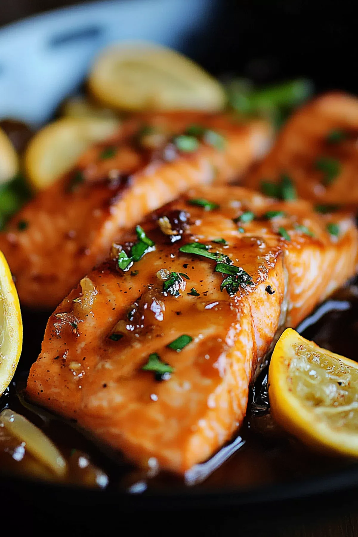 Close-up of a perfectly seared salmon fillet glazed with a sticky, golden sauce.