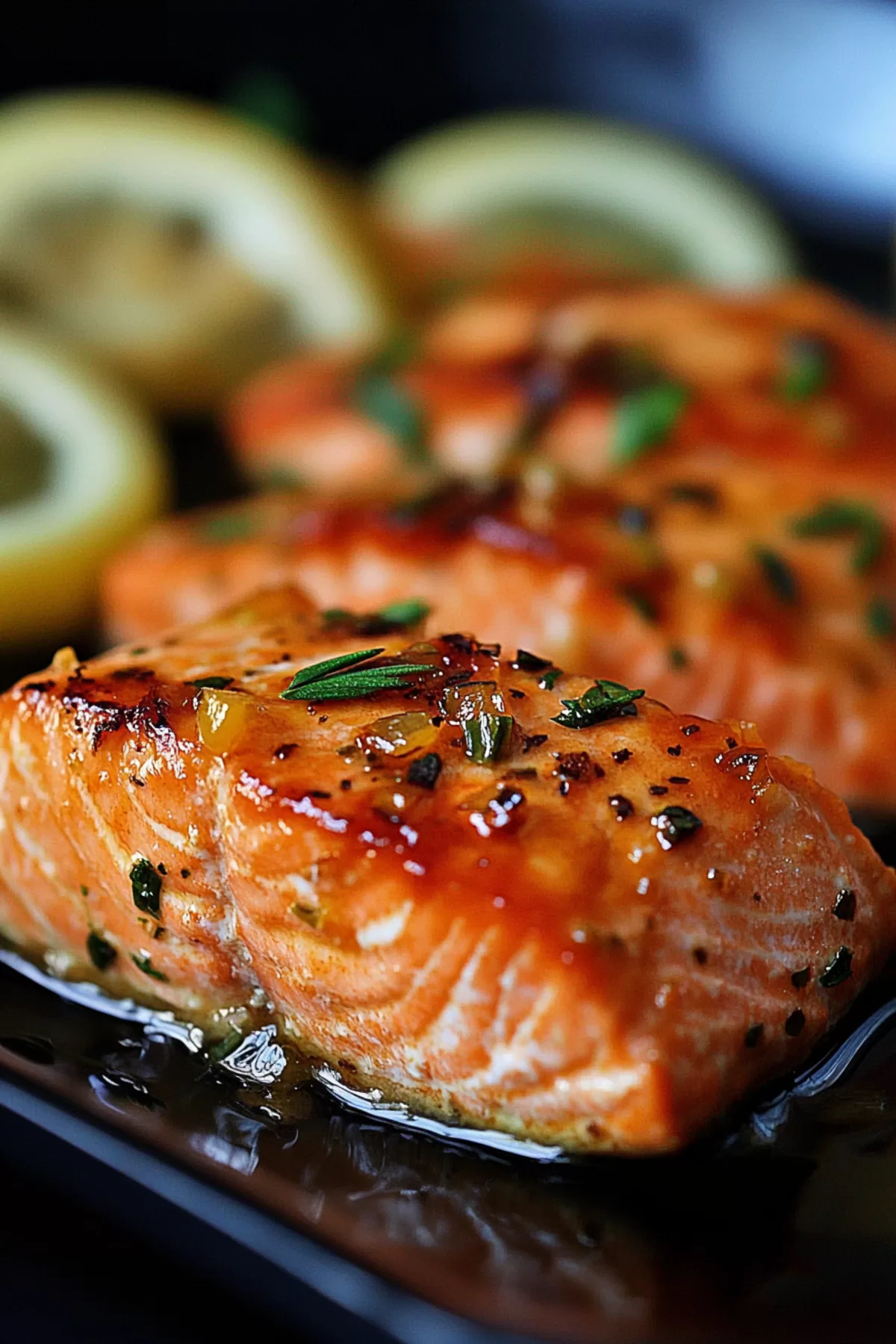 Golden-brown salmon fillet in a pan, coated in a flavorful garlic sauce.