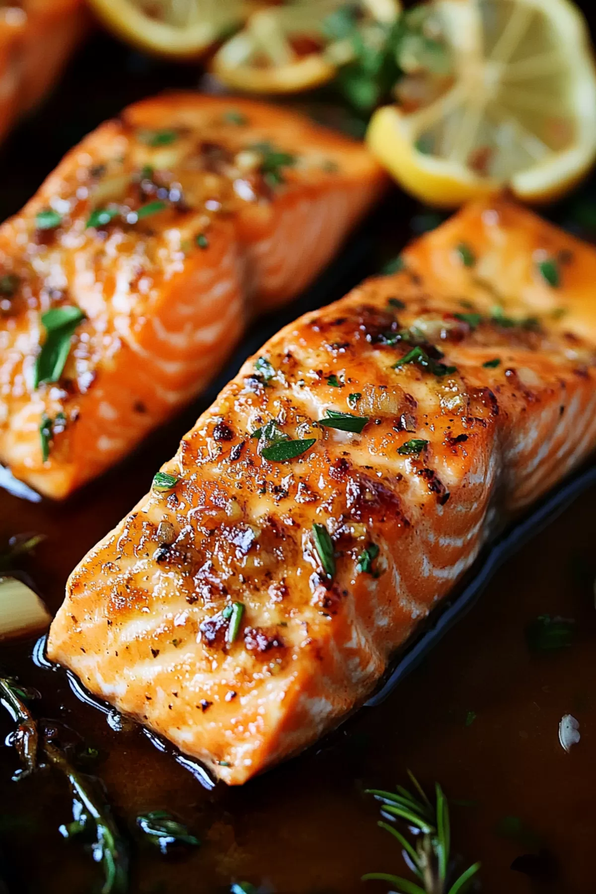 A serving of juicy salmon with a thick honey glaze, perfect for a savory-sweet meal.