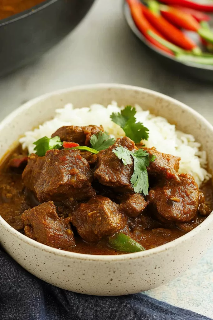 Slow-cooked beef in a rich and spicy curry, served alongside fluffy rice.