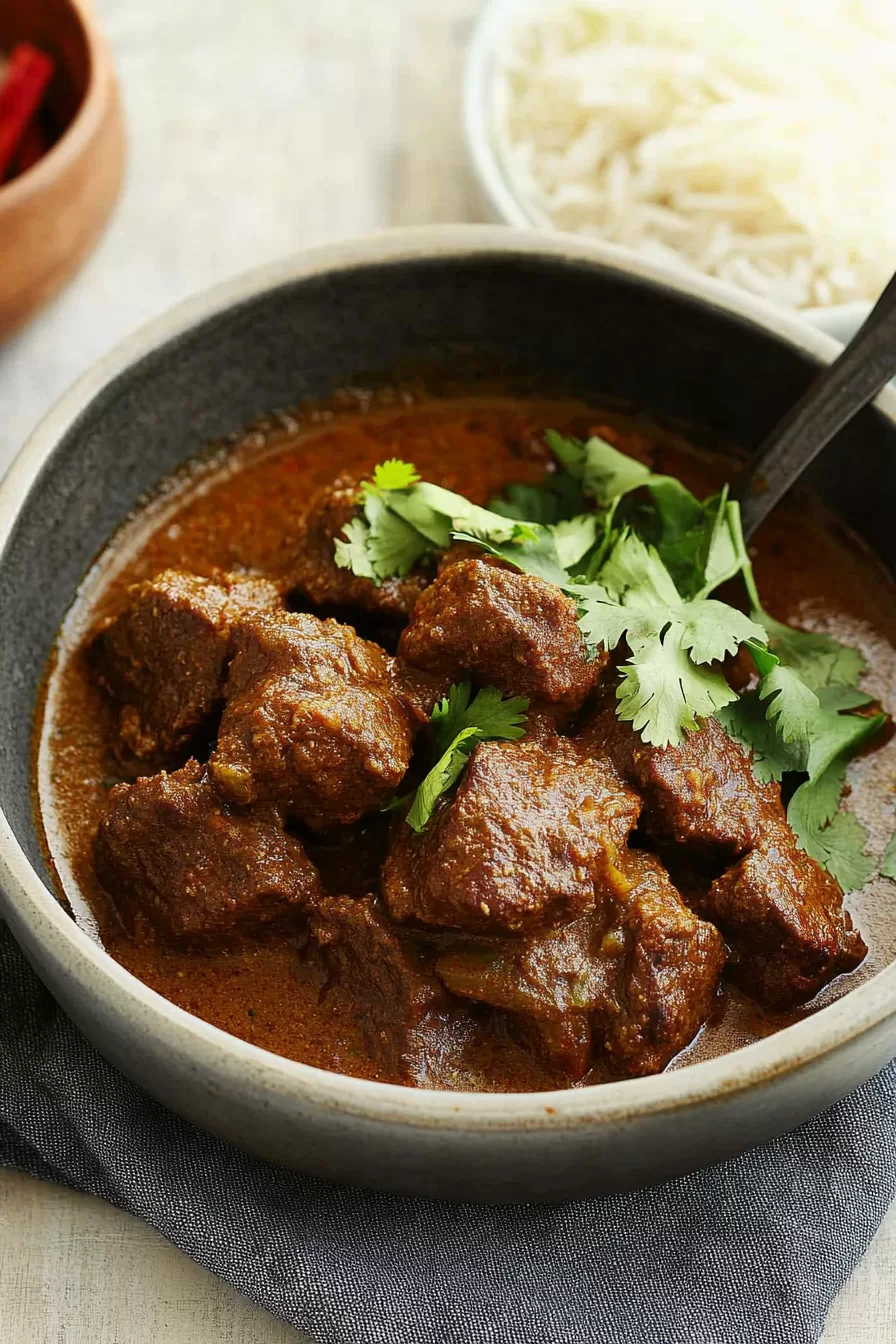 Flavorful Indian-style beef curry, garnished with fresh herbs, in a ceramic bowl.