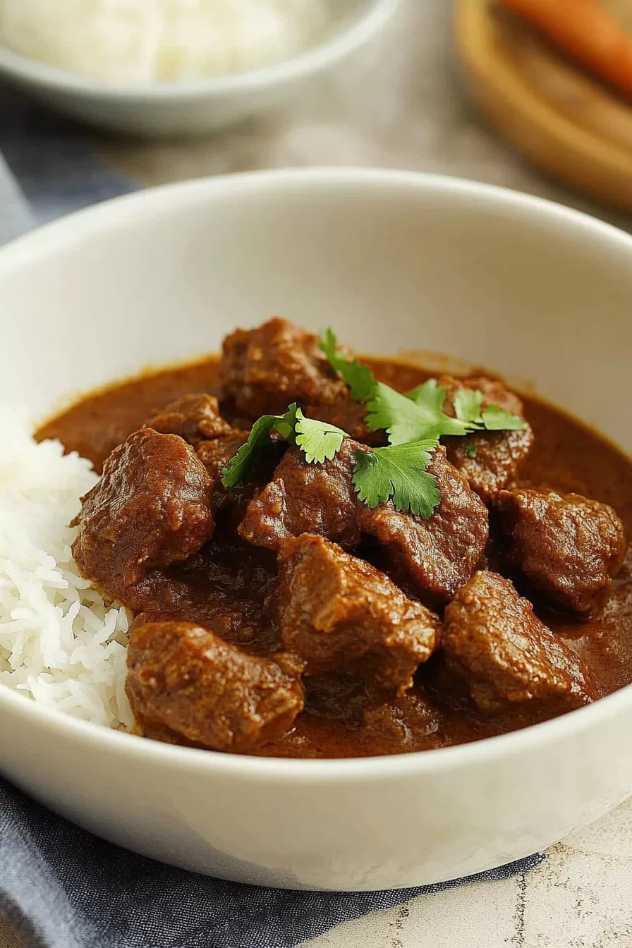 A bowl of tender beef curry garnished with fresh cilantro, served with steamed rice.