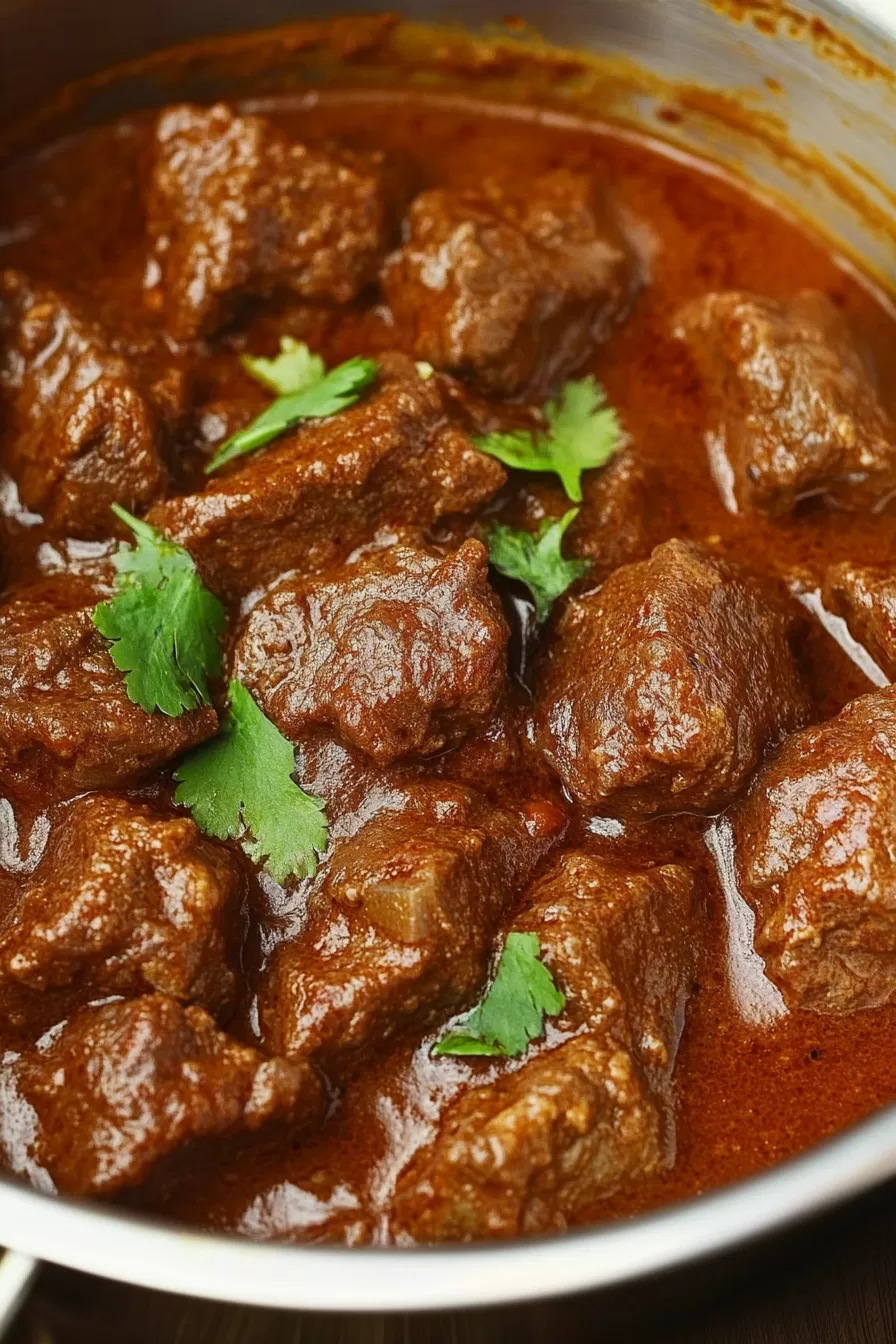 Close-up of richly spiced beef chunks in a thick, aromatic curry sauce.