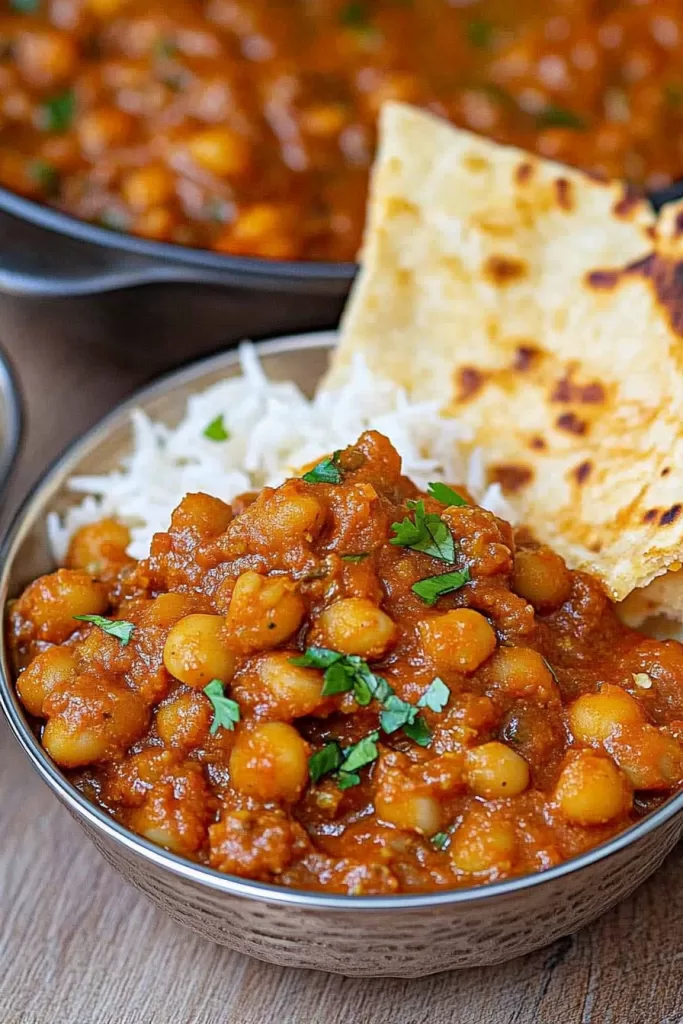 Thick and creamy chickpea curry topped with fresh herbs and ready to enjoy.