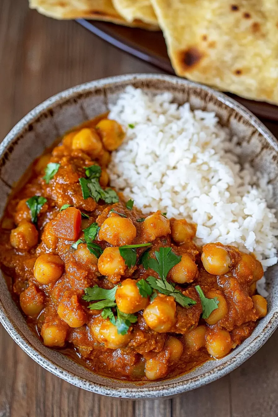 A warm bowl of spiced chickpeas in a rich, savory sauce garnished with fresh cilantro