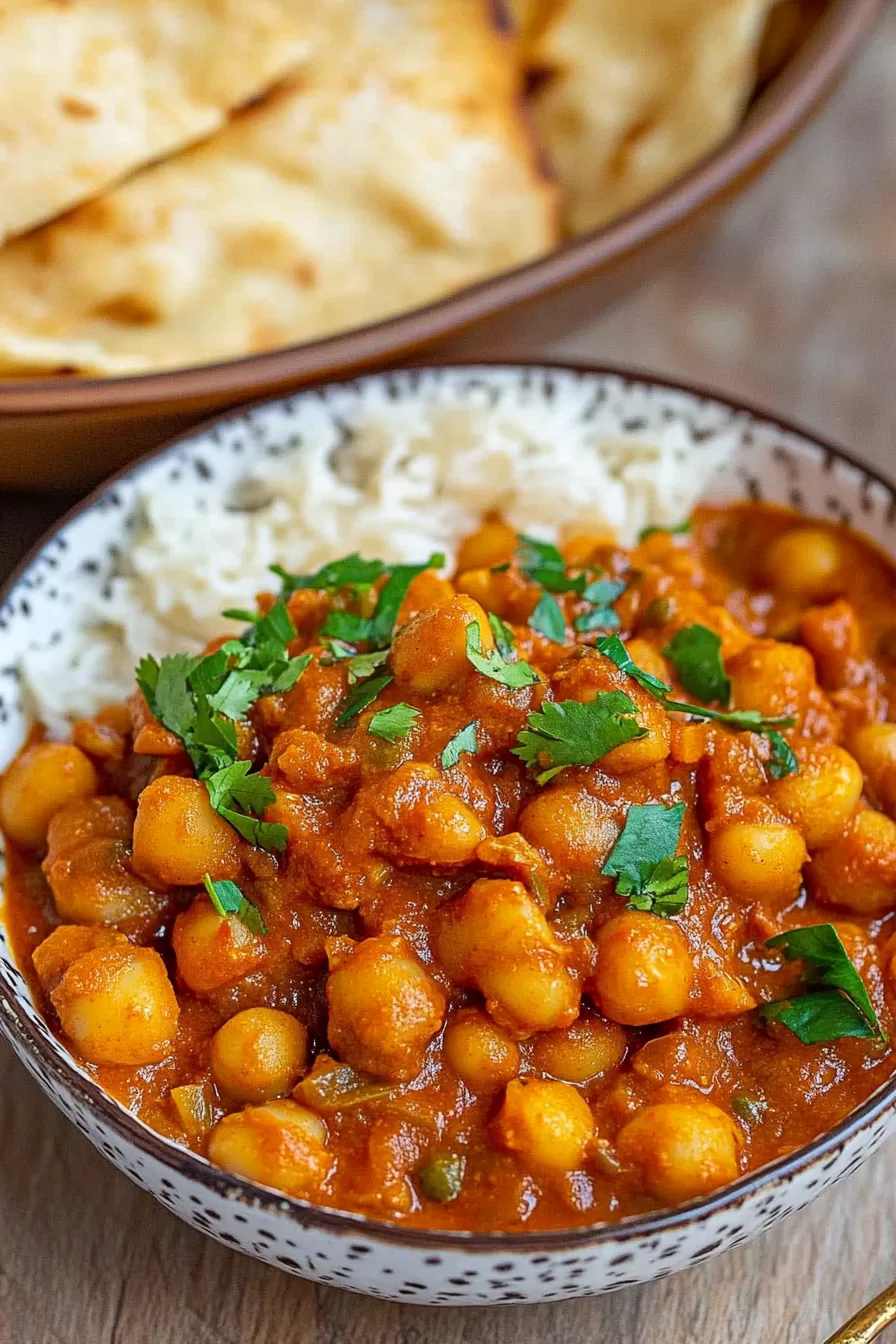 A hearty chickpea stew served with a side of rice and garnished with herbs.