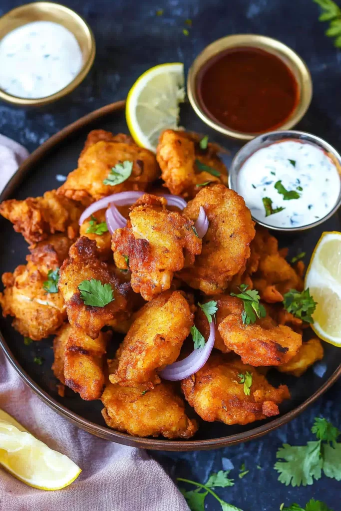 Crispy, golden-brown fish fritters served with a side of tangy dipping sauces.