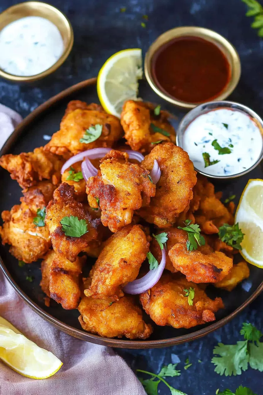 Crispy, golden-brown fish fritters served with a side of tangy dipping sauces.