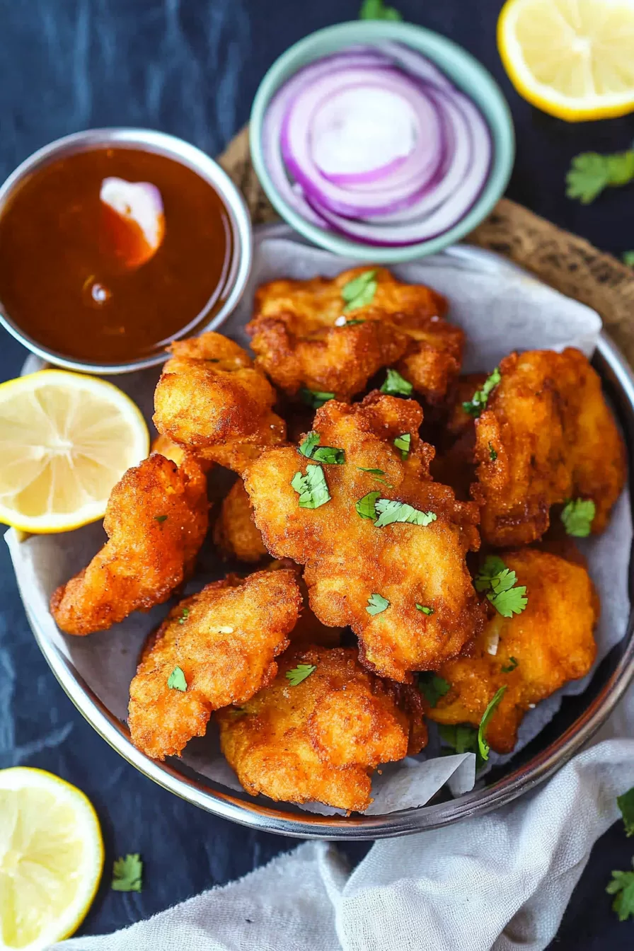 A plate of golden fish bites paired with lemon wedges and creamy dipping sauce.