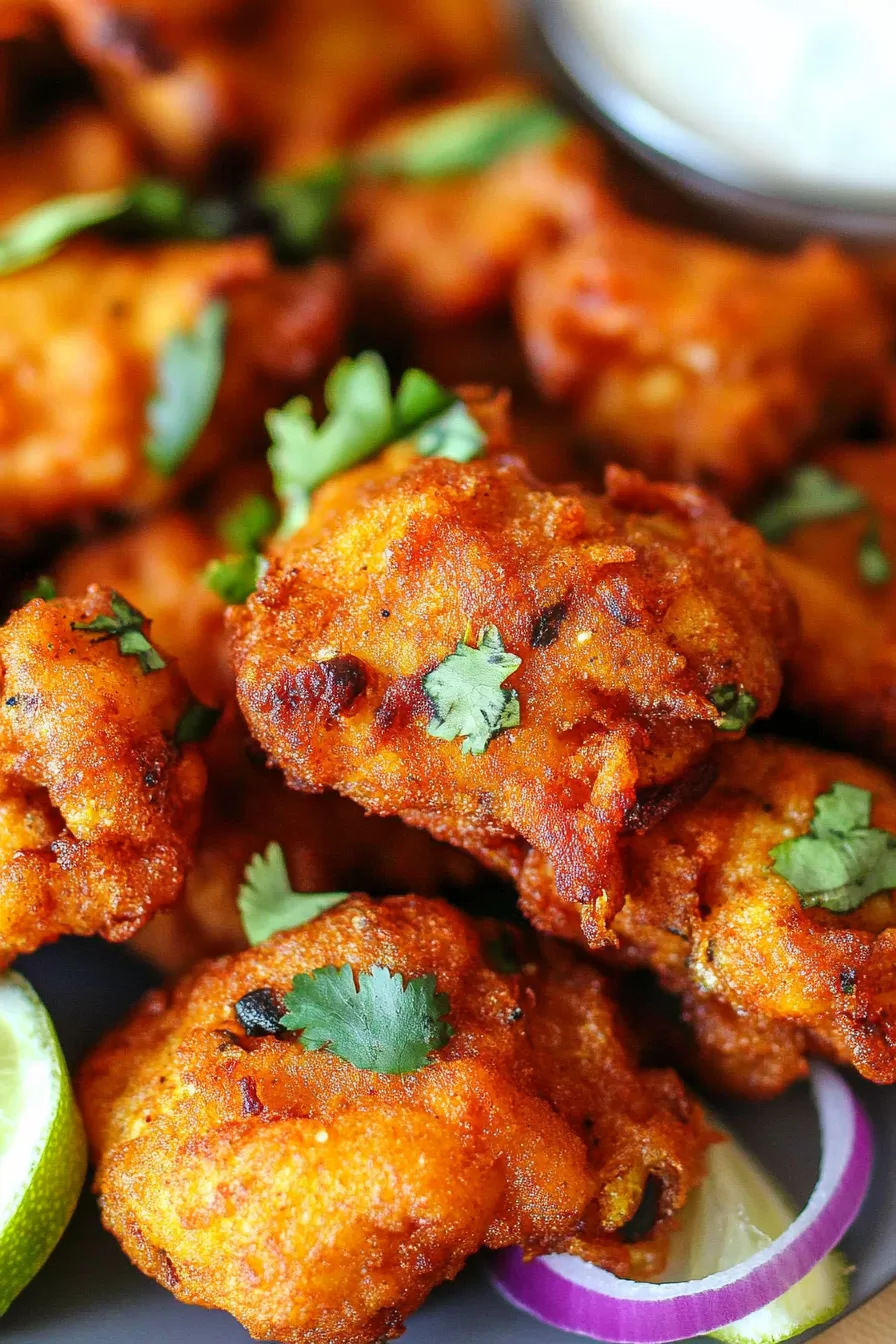 Close-up of crunchy fried fish pieces garnished with fresh cilantro and red onion slices.